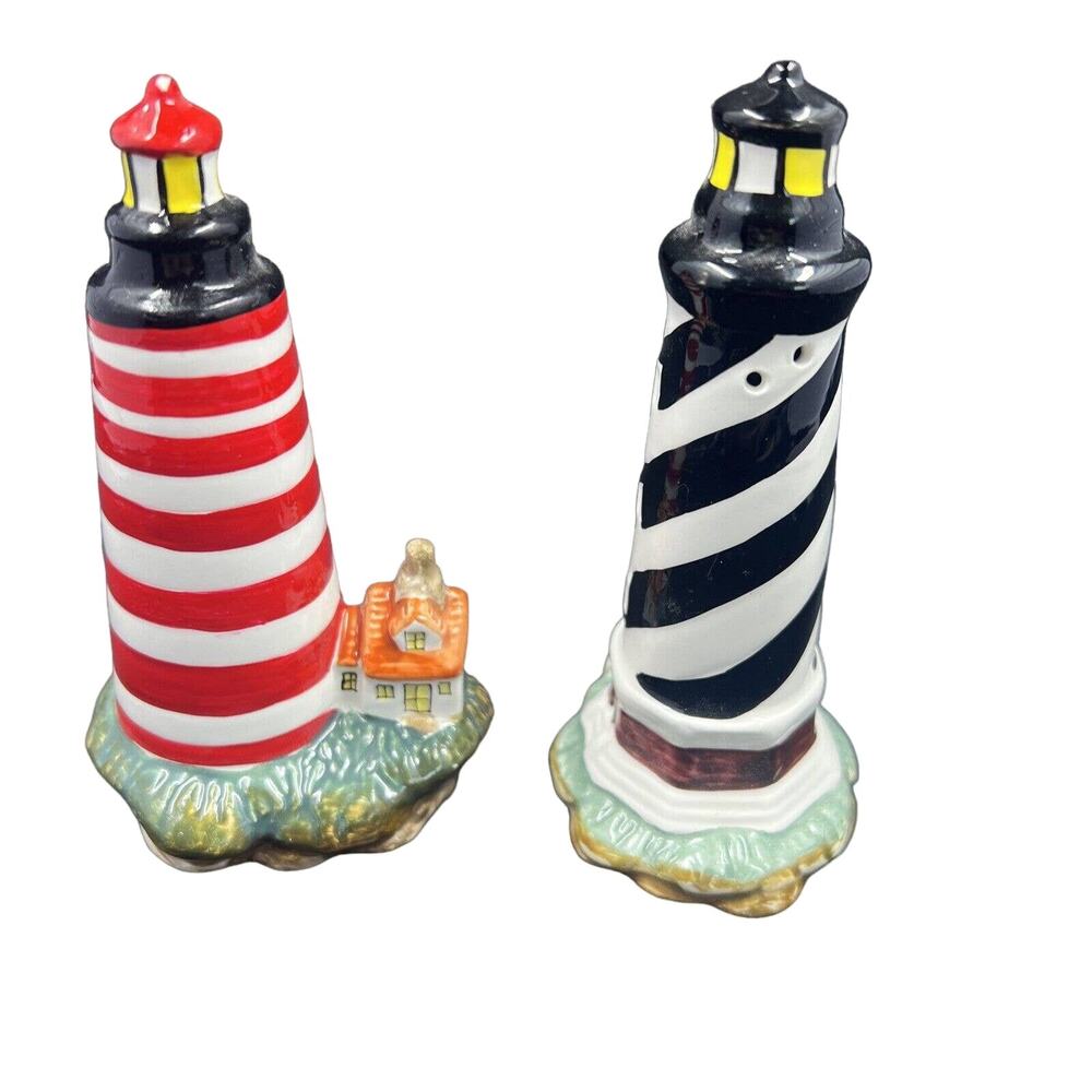 Lighthouse Salt and Pepper Shakers Set Black White and Red